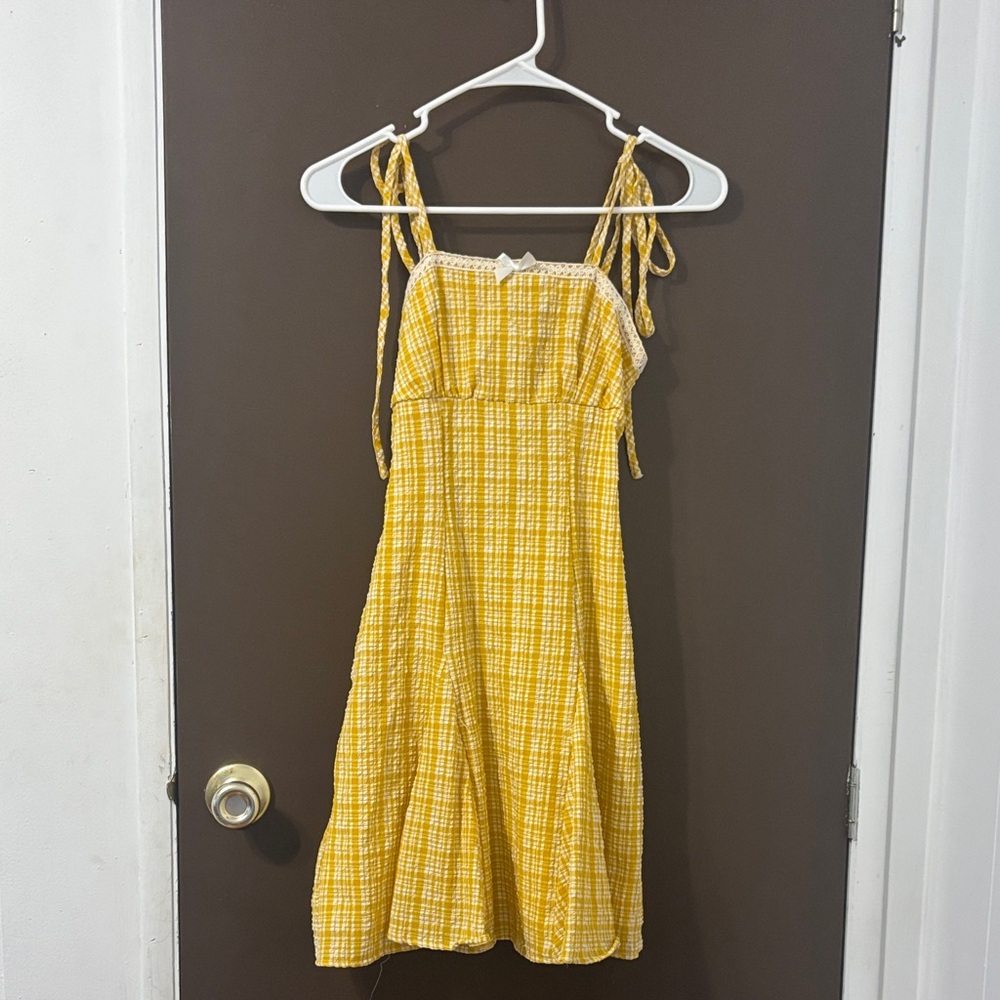 Yellow Plaid Smocked Sundress XS Tie Strap Flowy Summer Dress